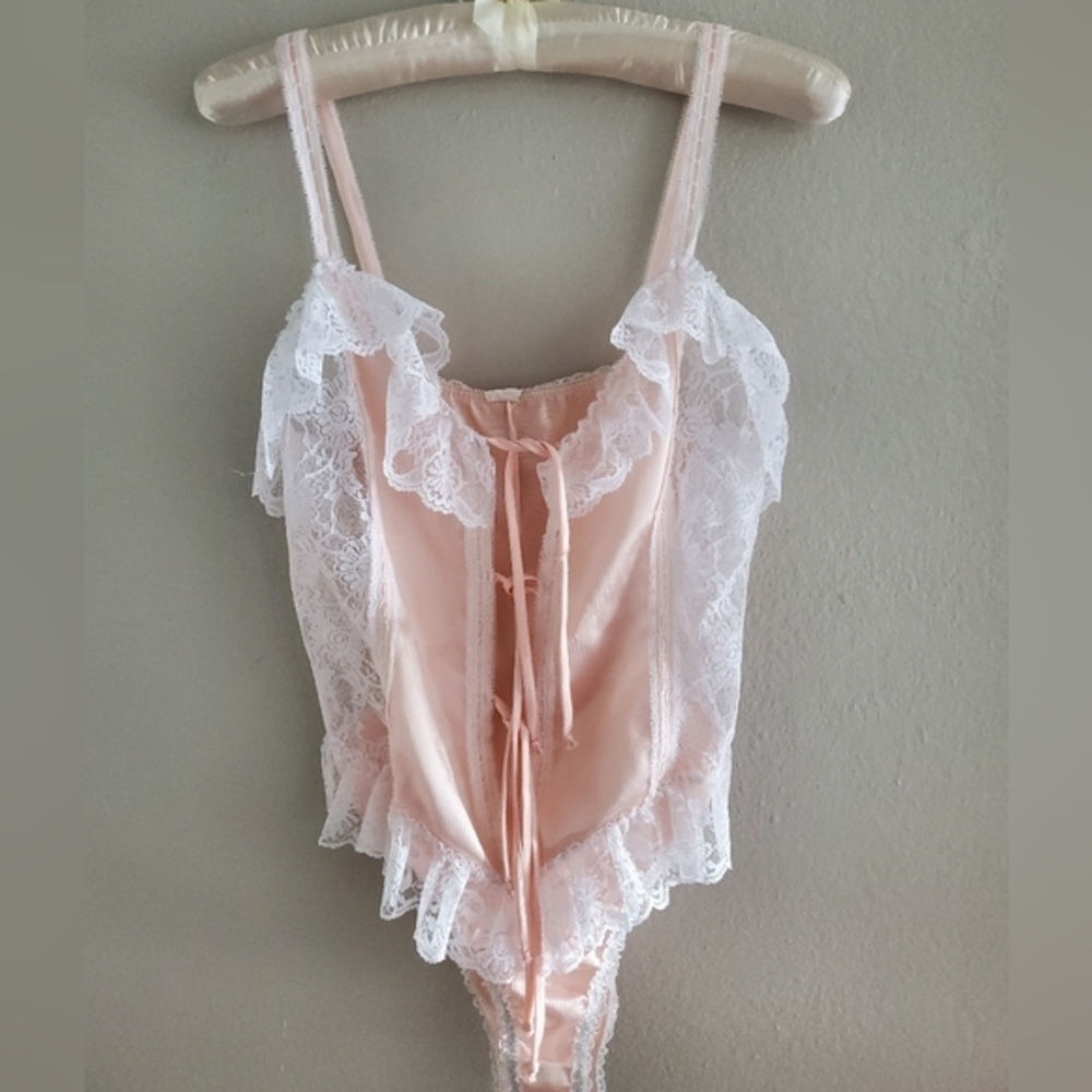 Vintage 90s pink satin sheer bodysuit lace floral ruffle lingerie balletcore M